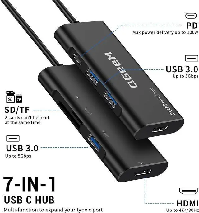 Alt view image 2 of 7 - QGeeM USB-C 7-in-1 Dongle with 100W PD, 3X USB 3.0, SD/TF Card Reader, Compatible with MacBook, iPad, Dell XPS & More - Black