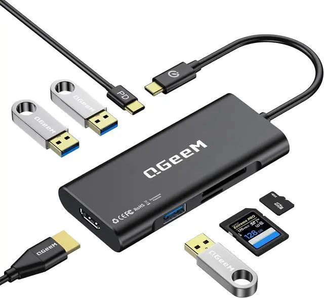 Main image of QGeeM USB-C 7-in-1 Dongle with 100W PD, 3X USB 3.0, SD/TF Card Reader, Compatible with MacBook, iPad, Dell XPS & More - Black