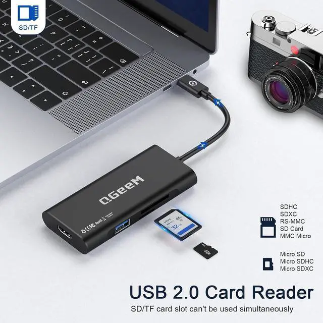 Alt view image 6 of 7 - QGeeM USB-C 7-in-1 Dongle with 100W PD, 3X USB 3.0, SD/TF Card Reader, Compatible with MacBook, iPad, Dell XPS & More - Black