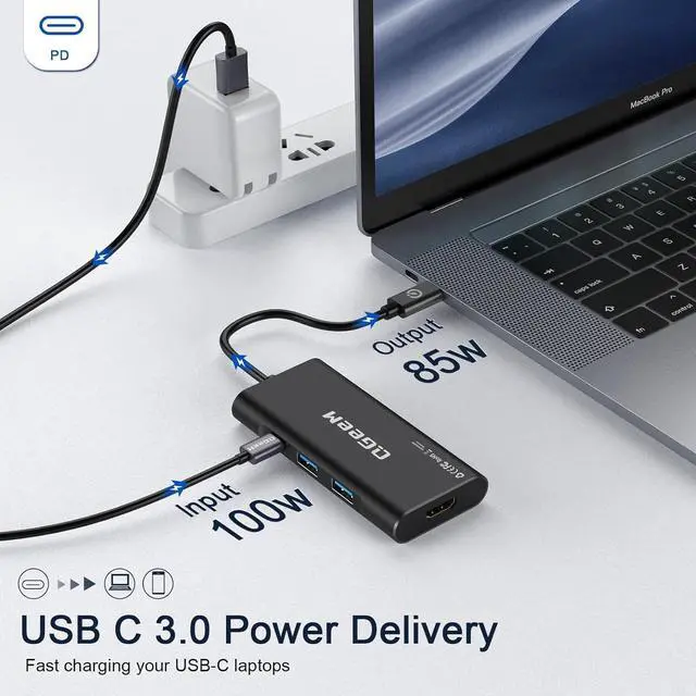 Alt view image 4 of 7 - QGeeM USB-C 7-in-1 Dongle with 100W PD, 3X USB 3.0, SD/TF Card Reader, Compatible with MacBook, iPad, Dell XPS & More - Black