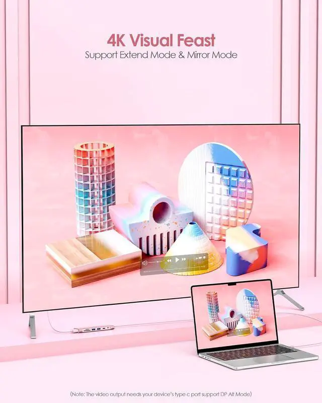 Alt view image 4 of 7 - LENTION 3.3FT Long Cable USB C Hub, Multiport Adapter with 4K HDMI, USB 3.0, USB C Data Port, Card Reader, Aux,100W PD for New MacBook Pro/Mac Air, iPhone 15 Pro/Max, More (CB-C37, Rose Gold)