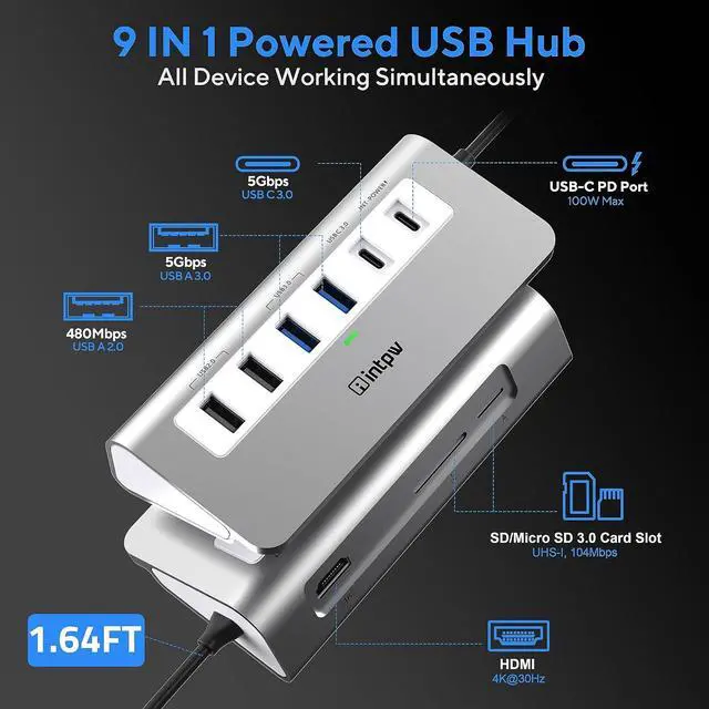 Alt view image 2 of 7 - USB C Hub, intpw 9-in-1 USB Hub for Laptop with 4K HDMI, PD 100W, USB-C and 2 USB A 3.0 5Gbps, 2 USB A 2.0, SD/TF Card Reader, Aluminum USB Hub for PC, iPhone, MacBook, iPad