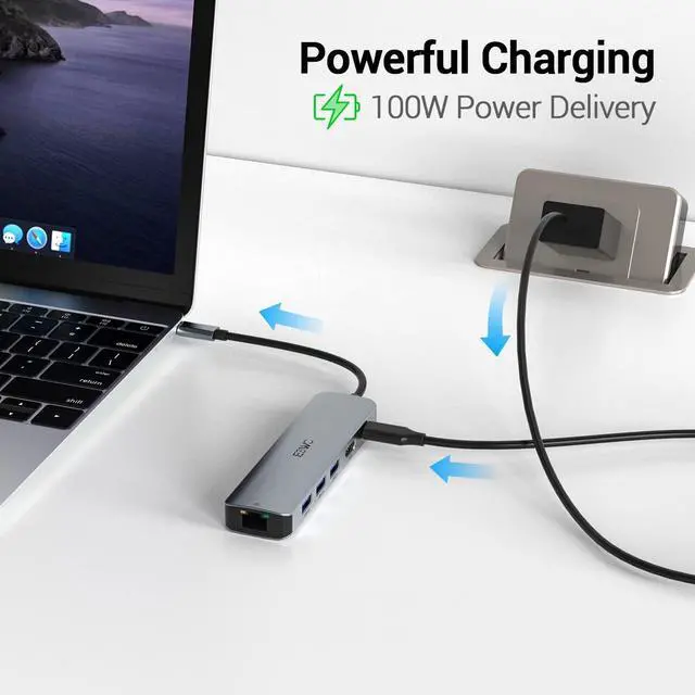 Alt view image 6 of 7 - USB C Hub, JESWO USB C Multiport Adapter Hub with RJ45 Ethernet, 4K HDMI, 100W PD, 3 USB 3.0 Port, Type C Dock for Thunderbolt 3 Laptop MacBook Air/Pro, iPad Pro M1/M2, Mac Min