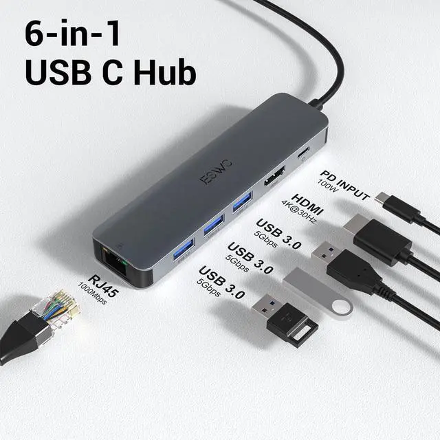 Alt view image 2 of 7 - USB C Hub, JESWO USB C Multiport Adapter Hub with RJ45 Ethernet, 4K HDMI, 100W PD, 3 USB 3.0 Port, Type C Dock for Thunderbolt 3 Laptop MacBook Air/Pro, iPad Pro M1/M2, Mac Min