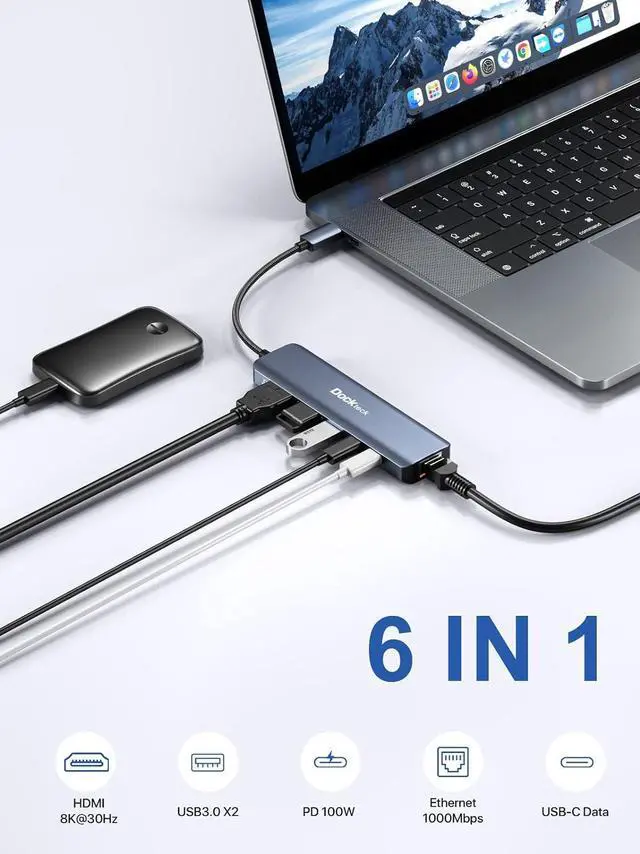 Alt view image 2 of 7 - USB C Hub, USB C to 8K@30Hz HDMI Multiport Adapter, Dockteck 6 in 1 USB-C Dongle with 8K HDMI, USB-C and 2 USB-A 5 Gbps Data Ports, 100W PD, 1Gbps Ethernet for MacBook Pro Air HP XPS and More