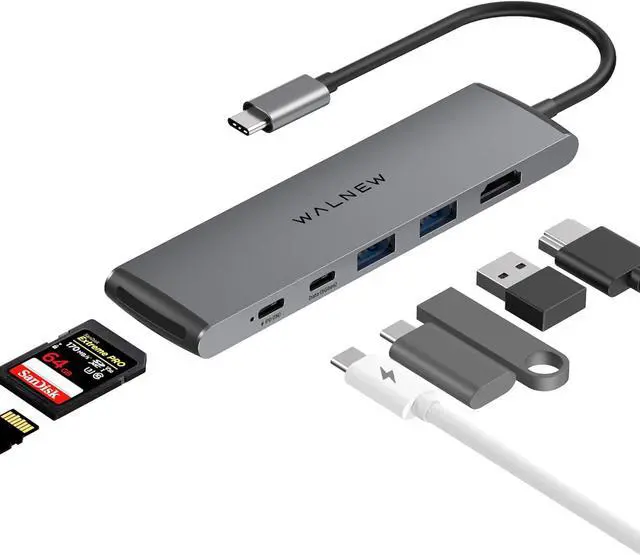 Main image of USB C Hub, WALNEW 7 in 1 USB-C Docking Station with 4K HDMI,100W PD, 3 5Gbps Data Ports(1 USBC & 2 USB 3.0),TF/SD Card Reader, USB Hub for Laptop, MacBook Pro/Air/Mac/Dell/HP/ASUS/Acer/Steam Deck