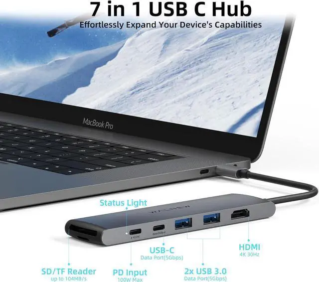 Alt view image 2 of 7 - USB C Hub, WALNEW 7 in 1 USB-C Docking Station with 4K HDMI,100W PD, 3 5Gbps Data Ports(1 USBC & 2 USB 3.0),TF/SD Card Reader, USB Hub for Laptop, MacBook Pro/Air/Mac/Dell/HP/ASUS/Acer/Steam Deck