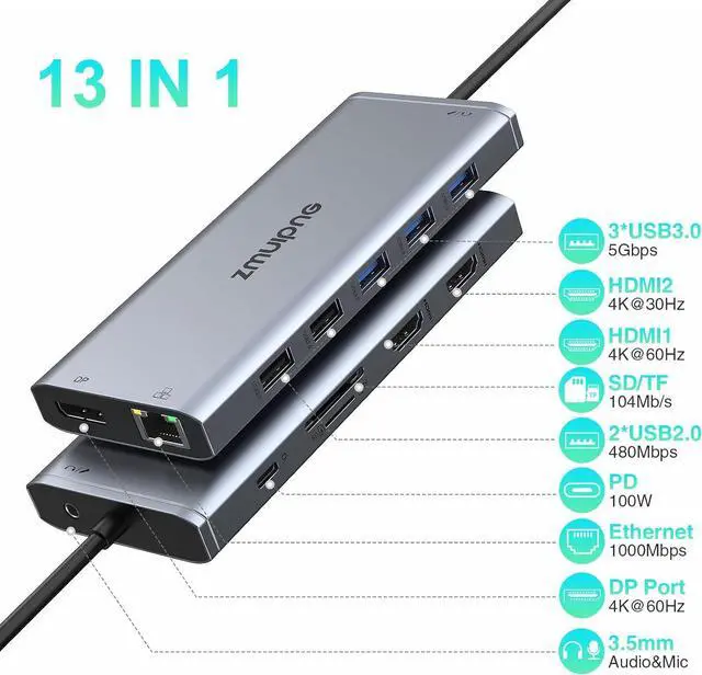 Alt view image 2 of 7 - Docking Station Dual Monitor HDMI for Dell HP Lenovo Laptop,13 in 1 USB C Hub Multiport Adapter Type C Dongle Dock to 2 HDMI 4K,60Hz Displayport,1000Mbps Ethernet,5 USB,100W PD,SD/TF,Audio&Mic