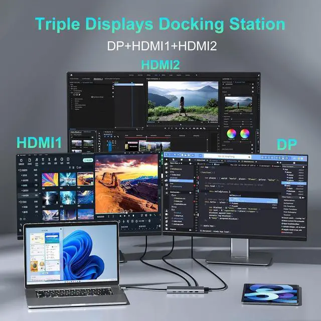 Alt view image 4 of 7 - Docking Station Dual Monitor HDMI for Dell HP Lenovo Laptop,13 in 1 USB C Hub Multiport Adapter Type C Dongle Dock to 2 HDMI 4K,60Hz Displayport,1000Mbps Ethernet,5 USB,100W PD,SD/TF,Audio&Mic