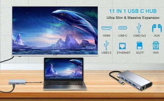 Alt view image 4 of 7 - 11-in-1 USB C HUB, Docking Station, USB C Adapter Dongle with 4K-HDMI, VGA, USB 3.0 port, Type C PD Charging, RJ45 Ethernet, SD/TF Card Reader, 3.5mm AUX, Compatible with MacBook Pro/Air,Type C Laptop