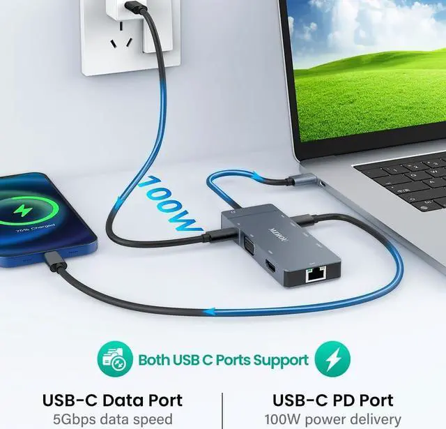 Alt view image 3 of 7 - MZHOU Hub USB C, adaptador 9 en 1 tipo C a VGA HDMI RJ45 Gigabit USB3.0 2.0 PD C Puerto datos 3.5 Audio Compatible con MacBook Pro Air y más dispositivos tipo C