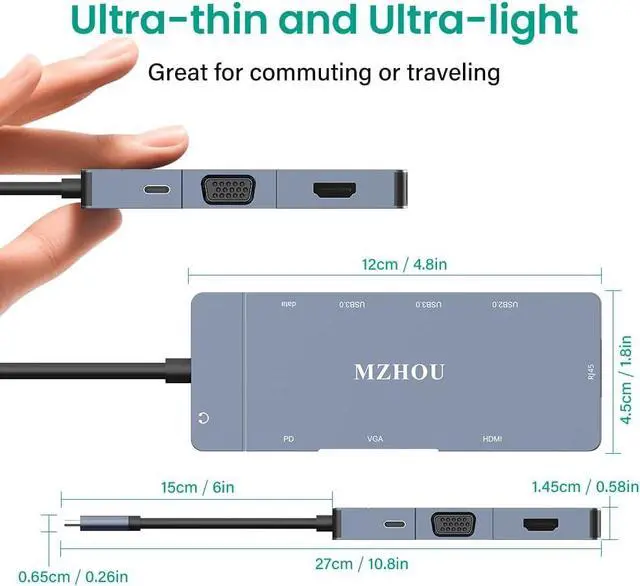 Alt view image 7 of 7 - MZHOU Hub USB C, adaptador 9 en 1 tipo C a VGA HDMI RJ45 Gigabit USB3.0 2.0 PD C Puerto datos 3.5 Audio Compatible con MacBook Pro Air y más dispositivos tipo C