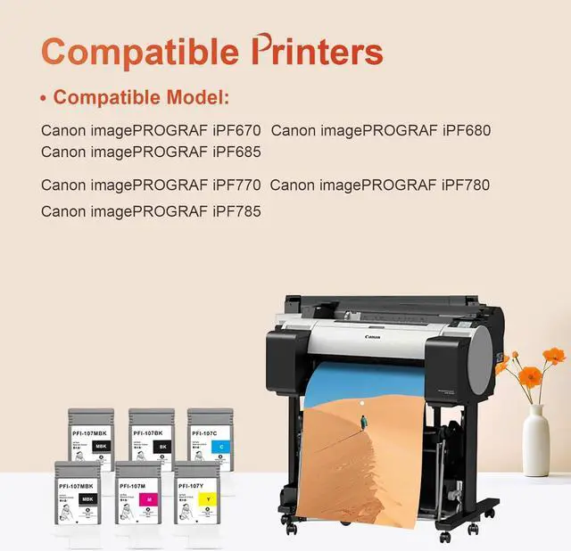 Alt view image 2 of 7 - INK+ 6Pcs Ink Cartridges Replacement for Canon PFI-107,Work with ImagePROGRAF IPF670 IPF680 IPF685 IPF770 IPF780 IPF785(2MBK,1BK,1C,1M,1Y),Matte Black,Black,Cyan,Magenta,Yellow