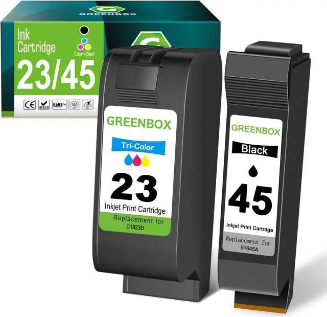 Main image of GREENBOX Remanufactured Ink Cartridge 45 23 High Yield Replacement for HP 45 51645 51645A 23 C1823D for Color Copier 110 120 140 145 150 155 160, DeskJet 1000C 1000Cse Printer (1 Black 1 Tri-Color)