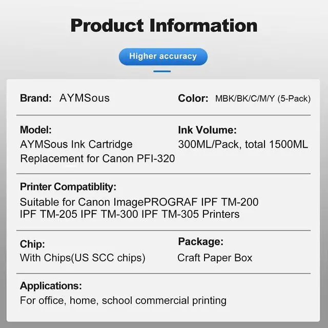 Alt view image 2 of 7 - Compatible Ink Cartridge Replacement for Canon PFI-320 PFI320 for Canon imagePROGRAF IPF TM-200 IPF TM-205 IPF TM-300 IPF TM-305(5-Pack MBK/B/C/M/Y)