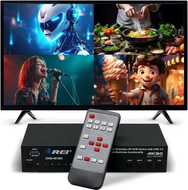 Main image of OREI 4x1 KVM HDMI Seamless Switch Multiviewer, Share Multiple Devices, PC, Computers, Phones, Gaming on One Display Monitor, Keyboard Control and USB 3.0 Peripheral Control