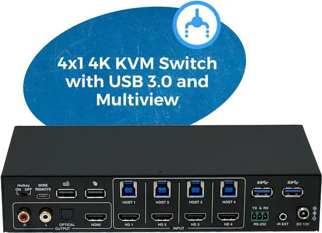Alt view image 2 of 7 - OREI 4x1 KVM HDMI Seamless Switch Multiviewer, Share Multiple Devices, PC, Computers, Phones, Gaming on One Display Monitor, Keyboard Control and USB 3.0 Peripheral Control