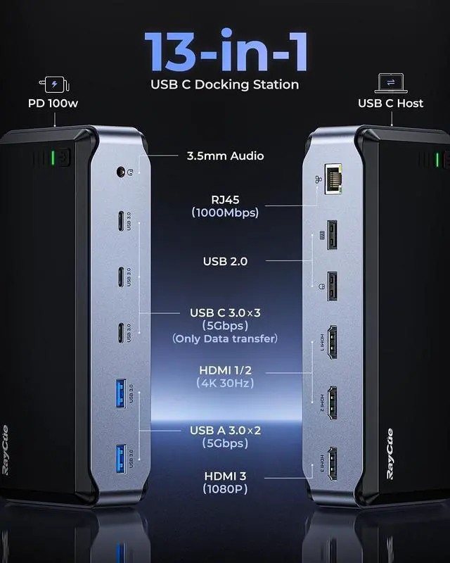 Alt view image 2 of 7 - USB C Docking Station Dual Monitor for MacBook Pro/Air, 13-in-1 Triple 4K Display Laptop USB-C Hub, Type C Dock with 3 * 4K HDMI, PD3.0, 7 USB, RJ45, 3.5mm Audio
