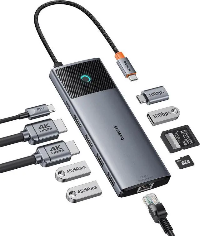 Main image of Baseus Docking Station Dual Monitor,10Gbps 10 Ports Docking Station with 2 HDMI Single 4K@120Hz, Dual 4K@ 60Hz,10Gbps USB C and USB A, 2 USB-A, PD 100W, Gigabit Ethernet for Dell/HP/Lenovo, Grey