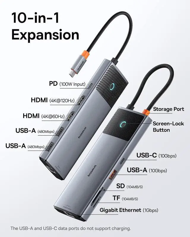 Alt view image 2 of 7 - Baseus Docking Station Dual Monitor,10Gbps 10 Ports Docking Station with 2 HDMI Single 4K@120Hz, Dual 4K@ 60Hz,10Gbps USB C and USB A, 2 USB-A, PD 100W, Gigabit Ethernet for Dell/HP/Lenovo, Grey
