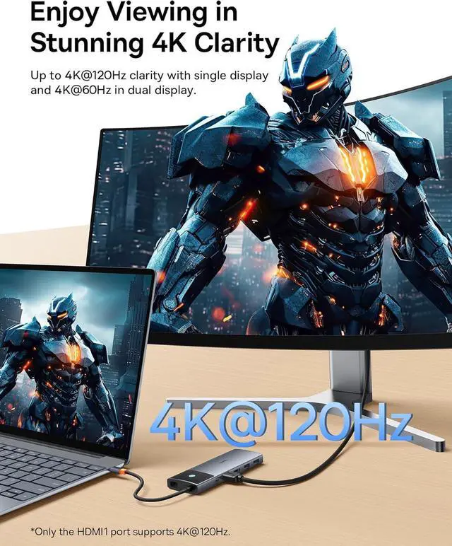 Alt view image 3 of 7 - Baseus Docking Station Dual Monitor,10Gbps 10 Ports Docking Station with 2 HDMI Single 4K@120Hz, Dual 4K@ 60Hz,10Gbps USB C and USB A, 2 USB-A, PD 100W, Gigabit Ethernet for Dell/HP/Lenovo, Grey