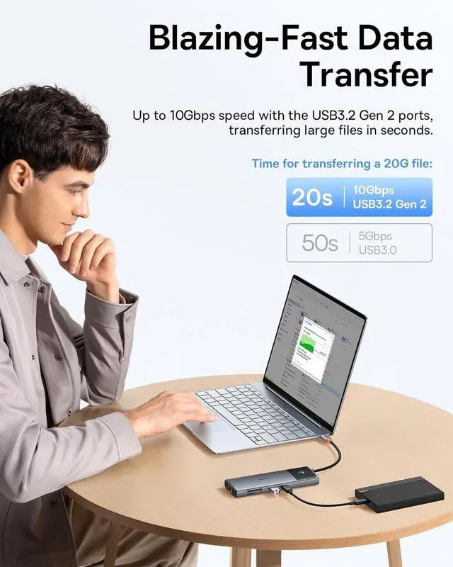 Alt view image 5 of 7 - Baseus Docking Station Dual Monitor,10Gbps 10 Ports Docking Station with 2 HDMI Single 4K@120Hz, Dual 4K@ 60Hz,10Gbps USB C and USB A, 2 USB-A, PD 100W, Gigabit Ethernet for Dell/HP/Lenovo, Grey