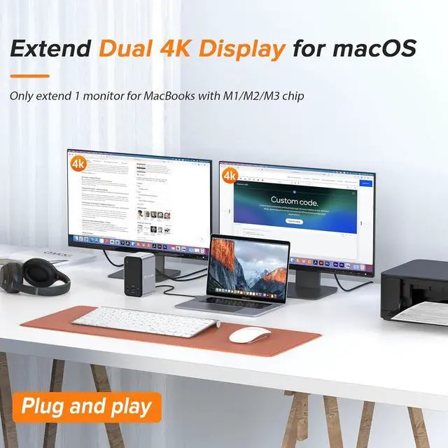 Alt view image 3 of 7 - USB C Docking Station Dual Monitor for MacBook Pro, 13-in-2 Triple Display Laptop USB-C Hub, Type C Dock with 2 4K HDMI, VGA, PD3.0, 7 USB, RJ45, 3.5mm Audio