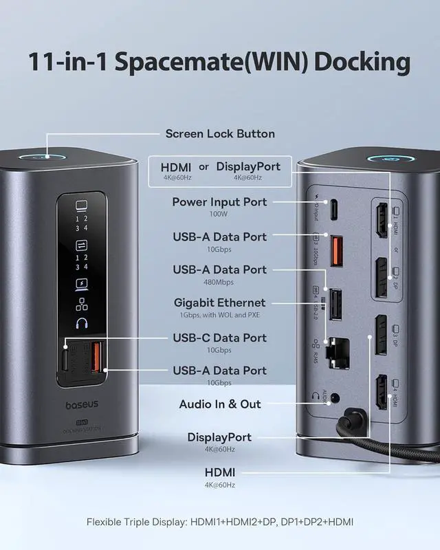Alt view image 2 of 7 - Baseus Docking Station, Spacemate(Win) 11 in 1 & Baseus 45W USB C Charger Block 2 Pack