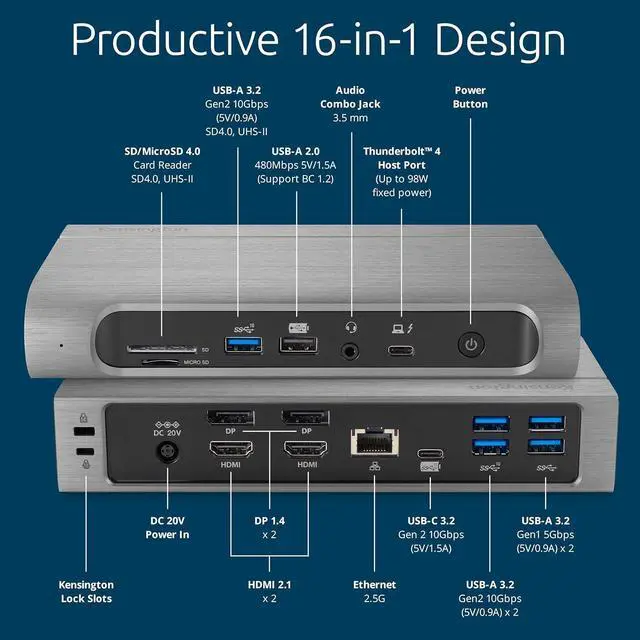 Alt view image 3 of 7 - Kensington SD5800T Thunderbolt 4 and USB4 Quad 4K Display Docking Station, 100W Charging, 2 x HDMI, 2 x DP, 2.5G Ethernet, Card Readers, for Windows/MacOS (K32856NA)
