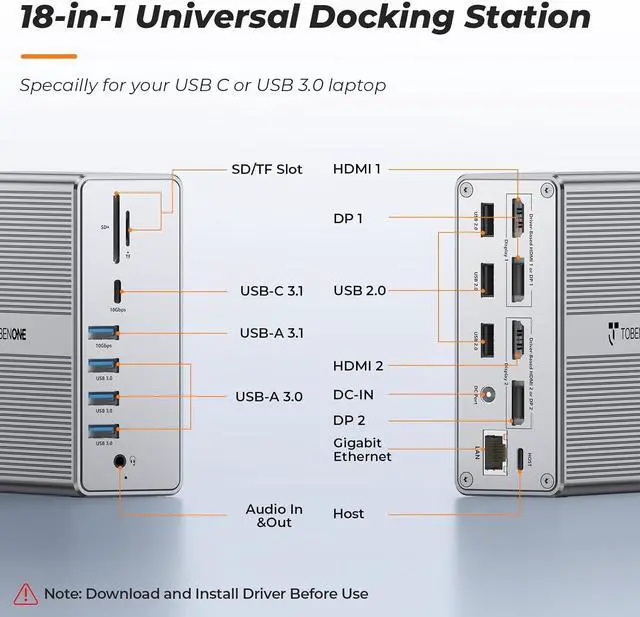 Alt view image 2 of 7 - DisplayLink Docking Station Dual Monitor 4K@60HZ for MacBook, Windows, TobenONE Universal USB C Docking Station with 2 HDMI & 2 DisplayPort, 65W Power Delivery, 7 USB, USB-C 3.1, Ethernet, SD/TF