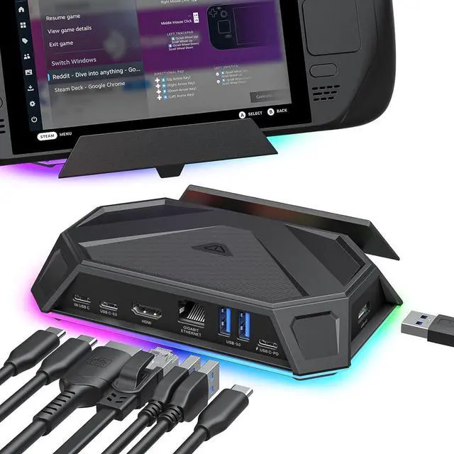 Main image of RGB Docking Station for Steam Deck (OLED)/ROG Ally/Legion Go, 8-in-1 Steam Deck Dock with 4K@60Hz HDMI, Gigabit Ethernet, USB-C 3.0, Dual USB-A 3.0, USB 2.0, 100W USB-C Charging-HB0801 [Black]