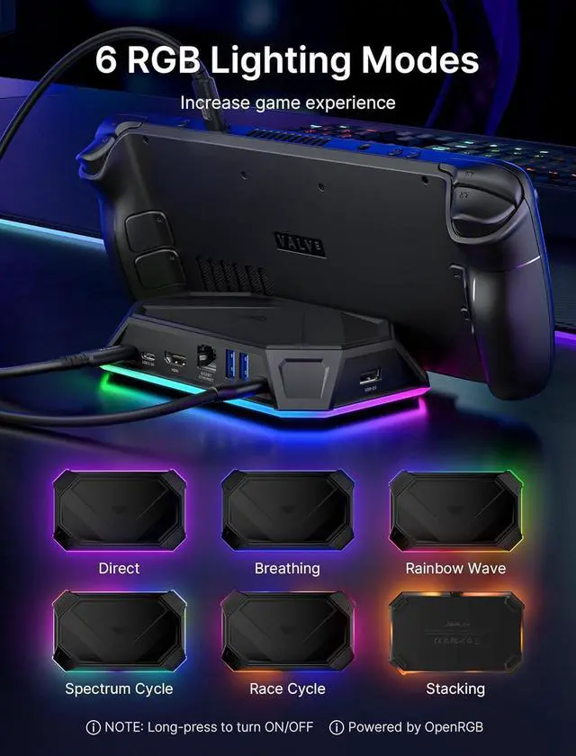 Alt view image 3 of 6 - RGB Docking Station for Steam Deck (OLED)/ROG Ally/Legion Go, 8-in-1 Steam Deck Dock with 4K@60Hz HDMI, Gigabit Ethernet, USB-C 3.0, Dual USB-A 3.0, USB 2.0, 100W USB-C Charging-HB0801 [Black]