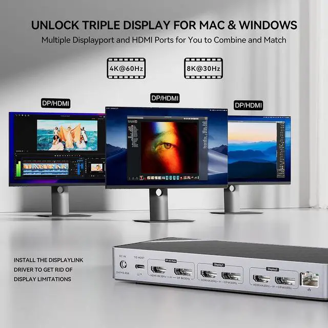Alt view image 3 of 7 - Minisopuru DisplayLink Docking Station 3 Monitors with 140W Charger, 30W Charging, 8K/4K USB C Docking Station for MacBook,Thunderbolt 5/4/3, Windows(3X HDMI,3X DisplayPort,5X USB Data & Charge,TF/SD)