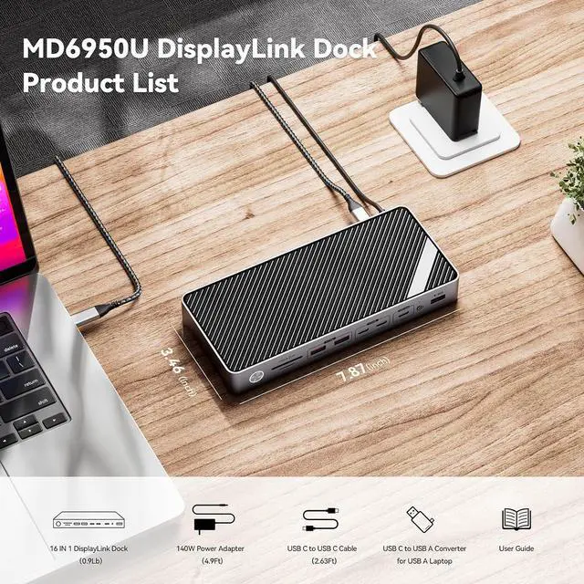 Alt view image 7 of 7 - Minisopuru DisplayLink Docking Station 3 Monitors with 140W Charger, 30W Charging, 8K/4K USB C Docking Station for MacBook,Thunderbolt 5/4/3, Windows(3X HDMI,3X DisplayPort,5X USB Data & Charge,TF/SD)