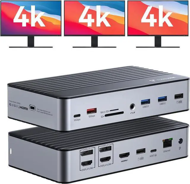 Main image of TobenONE DisplayLink Docking Station 3 Monitors with 3 HDMI(4K@60Hz), USB C Docking Station with 120W Charger, for MacBook Pro/Air, Thunderbolt 4/3, USB-C Windows(2 DP, 6 USB, Ethernet, SD/Micro SD)