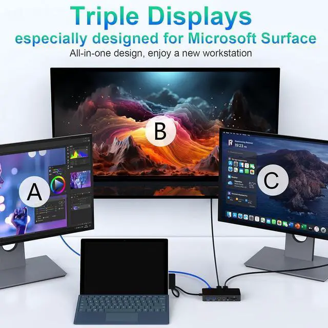 Alt view image 2 of 7 - New Surface Dock Triple Displays with Power Supply, 12 in 1 Surface Docking Station with Dual 4K HDMI+VGA for Surface Pro 11/10/9/8/X/7/6/5/4/3, Surface Laptop 7/6/5/4/3/2/1, Laptop Go 3/2/1