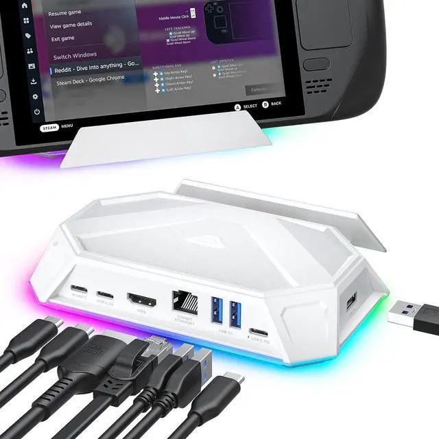 Main image of RGB Docking Station for Steam Deck (OLED)/ROG Ally/Legion Go, 8-in-1 Steam Deck Dock with 4K@60Hz HDMI, Gigabit Ethernet, USB-C 3.0, Dual USB-A 3.0, USB 2.0, 100W USB-C Charging-HB0801 [White]
