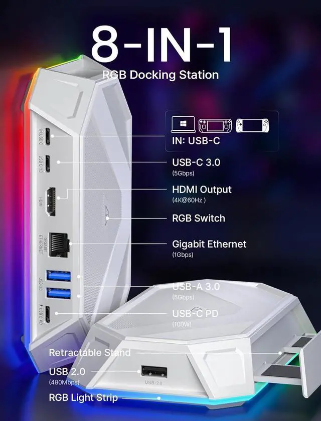 Alt view image 2 of 6 - RGB Docking Station for Steam Deck (OLED)/ROG Ally/Legion Go, 8-in-1 Steam Deck Dock with 4K@60Hz HDMI, Gigabit Ethernet, USB-C 3.0, Dual USB-A 3.0, USB 2.0, 100W USB-C Charging-HB0801 [White]