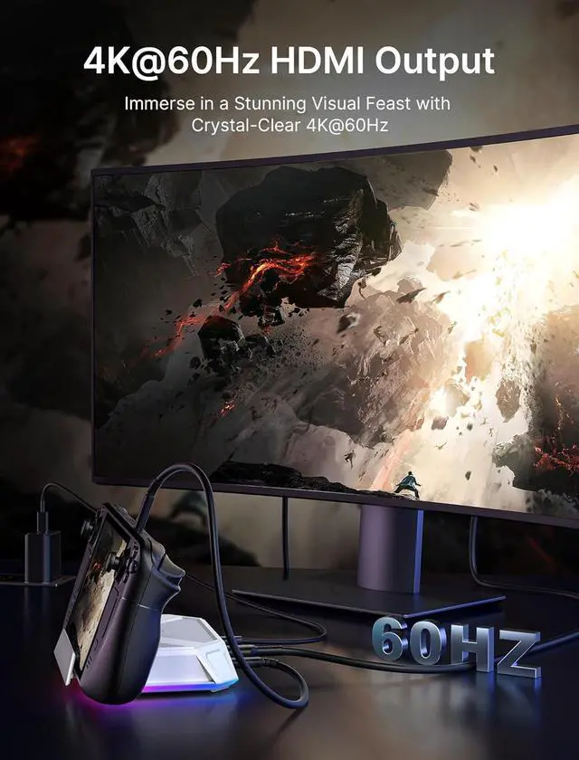 Alt view image 4 of 6 - RGB Docking Station for Steam Deck (OLED)/ROG Ally/Legion Go, 8-in-1 Steam Deck Dock with 4K@60Hz HDMI, Gigabit Ethernet, USB-C 3.0, Dual USB-A 3.0, USB 2.0, 100W USB-C Charging-HB0801 [White]