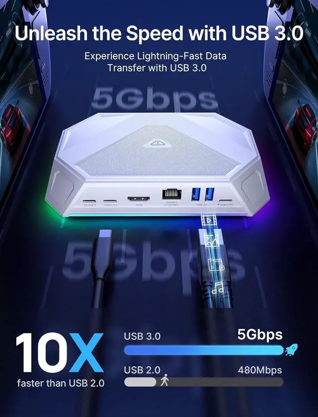 Alt view image 6 of 6 - RGB Docking Station for Steam Deck (OLED)/ROG Ally/Legion Go, 8-in-1 Steam Deck Dock with 4K@60Hz HDMI, Gigabit Ethernet, USB-C 3.0, Dual USB-A 3.0, USB 2.0, 100W USB-C Charging-HB0801 [White]