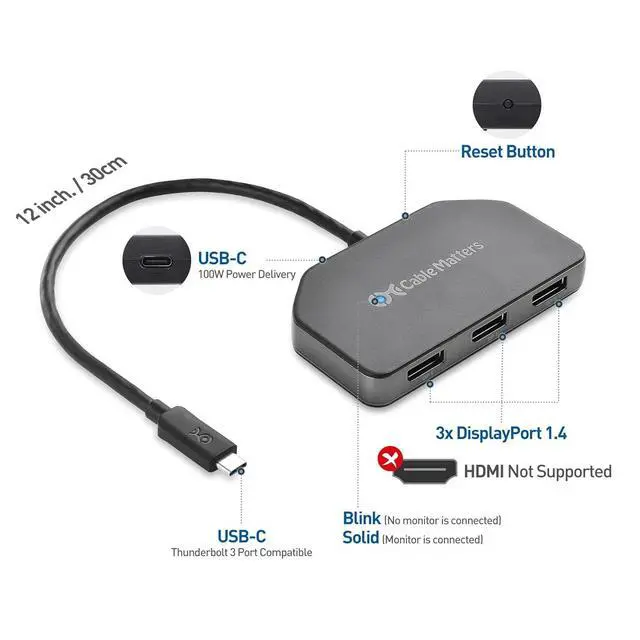 Alt view image 2 of 7 - Cable Matters Windows Only Triple Monitor USB C Hub with 3X DisplayPort and 100W Charging - Support up to 8K and 4K 120Hz HDR - Thunderbolt 4, USB4 Compatible for Surface Pro, XPS
