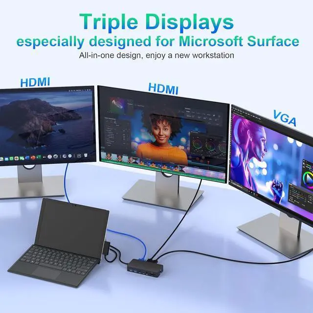 Alt view image 2 of 7 - New Microsoft Surface Dock Triple Displays Dual HDMI+VGA with Power Adapter,12 in 1 Surface Docking Station for Microsoft Surface Pro 11/10/9/8/X/7/6/5/4/3,Surface Laptop 7/6/5/4/3/2/1,Surface Book Go