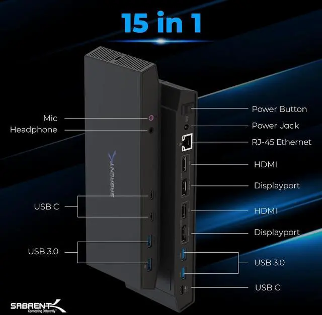 Alt view image 2 of 6 - SABRENT USB C Docking Station + Power Supply, 2 HDMI + 2 Display Ports, 5K/Dual 4K, USB-C PD, 4 Port 3.2 Type A, 2 Port Type C, RJ-45 Ethernet, 3.5 mm Audio + Microphone Jack, 1m Cable C&A Included