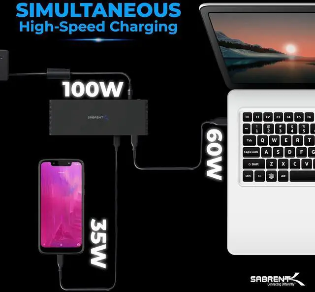Alt view image 3 of 6 - SABRENT USB C Docking Station + Power Supply, 2 HDMI + 2 Display Ports, 5K/Dual 4K, USB-C PD, 4 Port 3.2 Type A, 2 Port Type C, RJ-45 Ethernet, 3.5 mm Audio + Microphone Jack, 1m Cable C&A Included