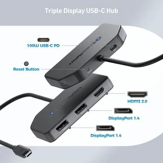 Alt view image 2 of 6 - Cable Matters 4K@60Hz Triple Display USB C MST Hub (2X DisplayPort 1.4, 1x HDMI 2.0), with 100W Charging for Windows - Not Compatible with macOS