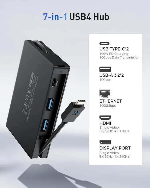 Alt view image 3 of 7 - [Designed for Microsoft Surface] Cable Matters 7-in-1 40Gbps USB4 Hub with Dual 4K@60Hz Displays(HDMI and DisplayPort), Single 4K@240Hz / 8K@60Hz, 100W PD, Gigabit Ethernet, Works with Thunderbolt 4