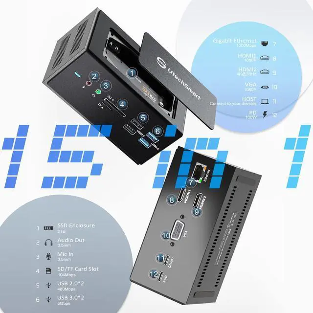 Alt view image 4 of 7 - UtechSmart Universal Docking Station, 15 in 1 USB Docking Station with SSD Enclosure, USB C Dock with Dual HDMI,VGA,PD3.0,SD/TF,RJ45,Audio&Micro,USB Ports, for MacOS&Windows Laptop