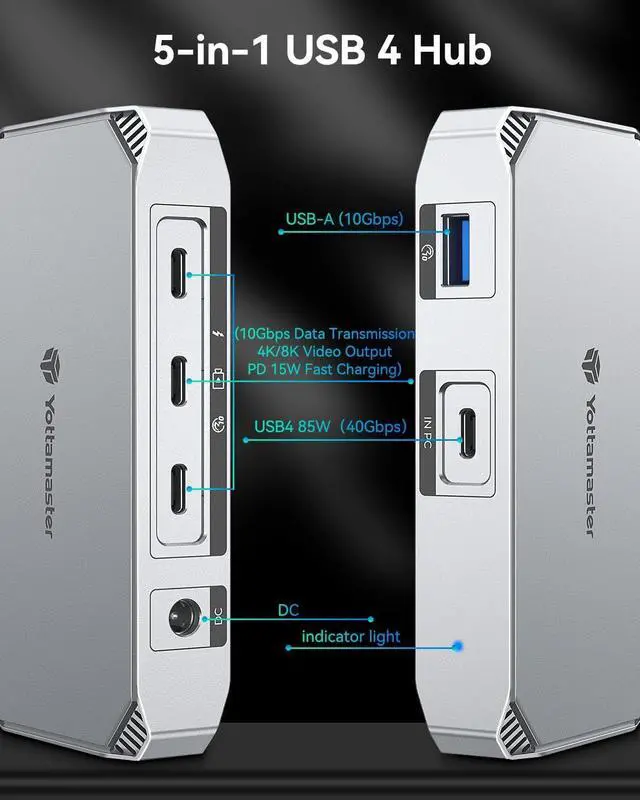 Alt view image 3 of 7 - Yottamaster 40Gbps USB4 Dock, Aluminum 5-in-1 USB C USB4 Hub with Triple Display, 85W PD Charging for MacBook, Dual Monitor Single 8K or Dual 4K@60Hz, Compatible with USB4, Thunderbolt 4/3 [YUB4]