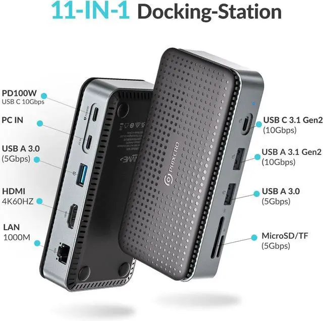 Alt view image 2 of 7 - PHIXERO 11-in-1 USB-C Docking Station with M.2 NVME/SATA SSD Enclosure, 10Gbps USB-C/A Data Ports, 4K HDMI, PD 100W, 2x USB 3.0, 1000M Ethernet, SD/TF, Black, for Laptop & More