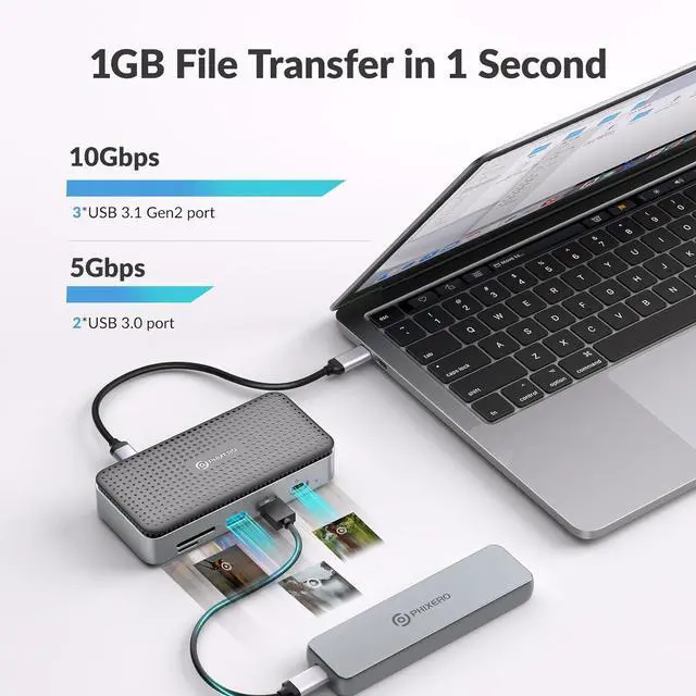 Alt view image 3 of 7 - PHIXERO 11-in-1 USB-C Docking Station with M.2 NVME/SATA SSD Enclosure, 10Gbps USB-C/A Data Ports, 4K HDMI, PD 100W, 2x USB 3.0, 1000M Ethernet, SD/TF, Black, for Laptop & More